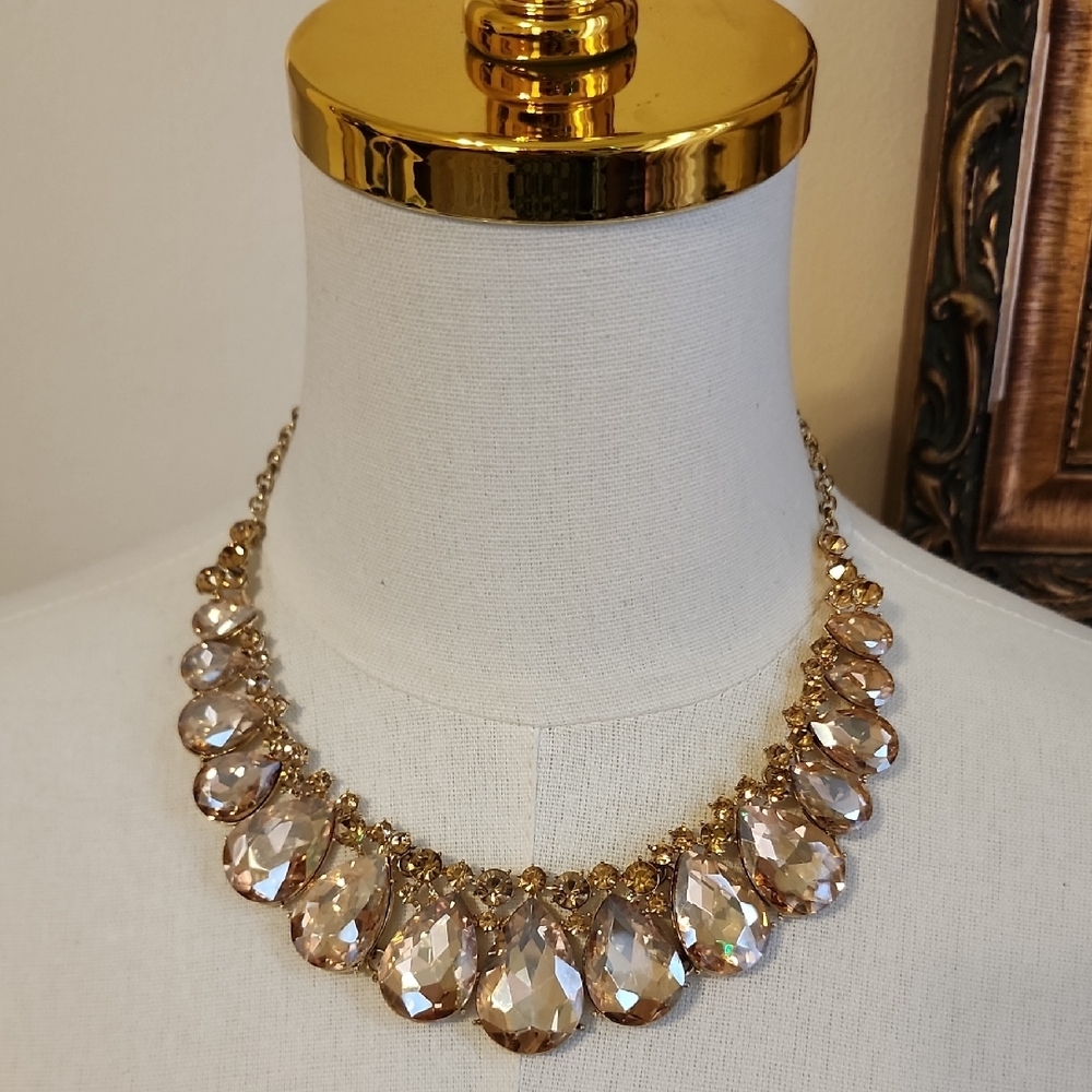 Gold Crystal Teardrop Statement Necklace - Women Jewelry
